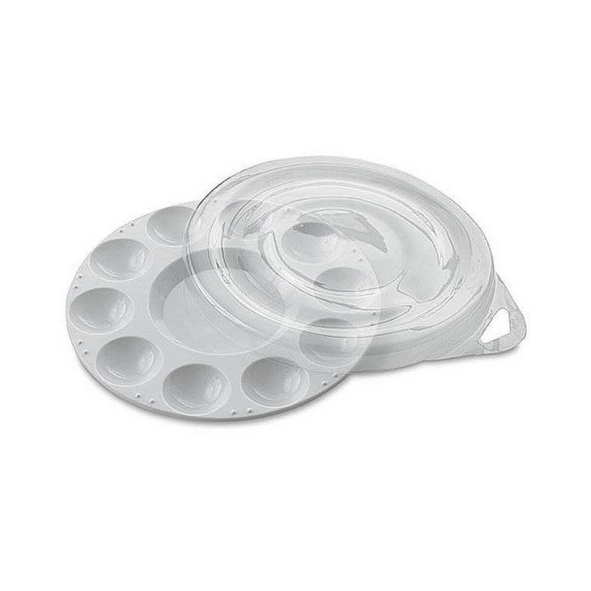 A 10 well plastic round tray with a cover.